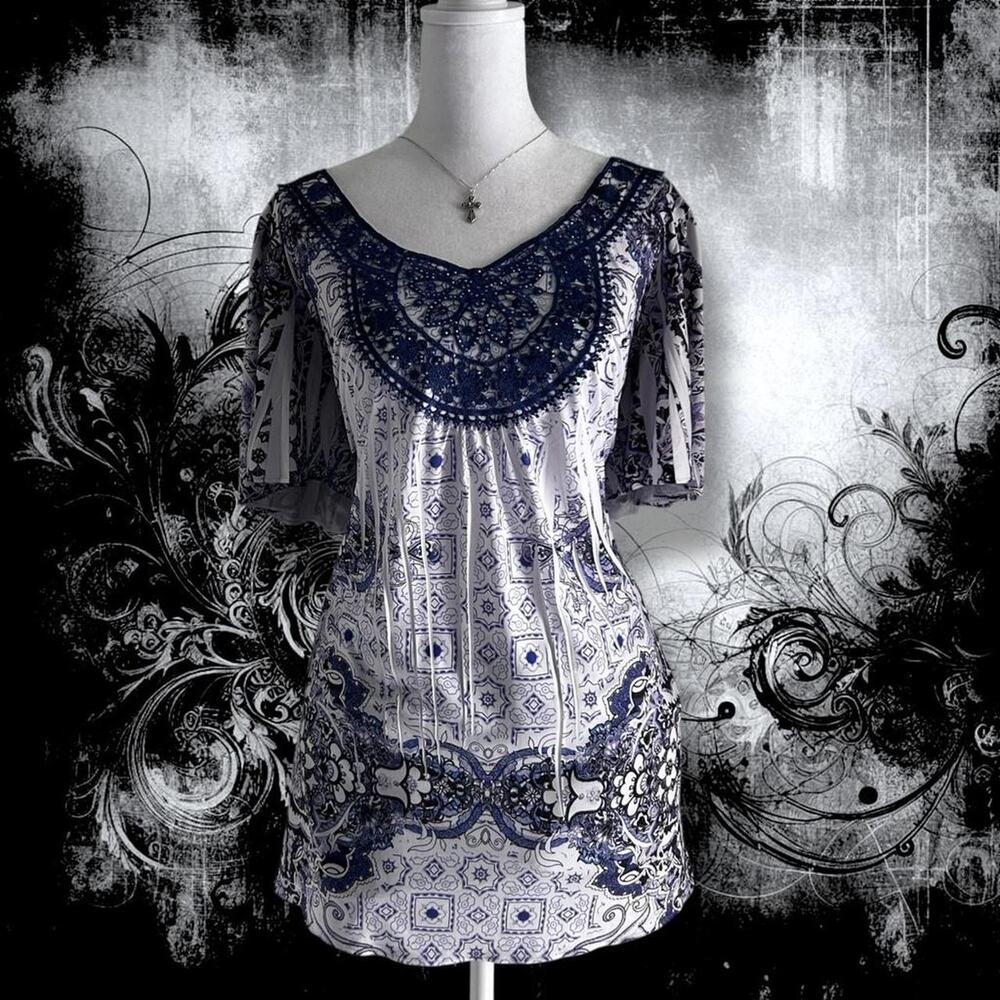 blue+purple porcelain tile print sleek vintage bedazzled boho whimsy vintage top